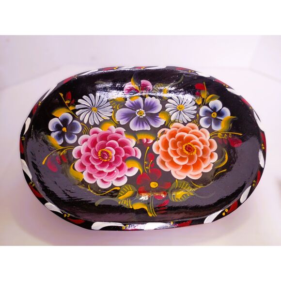 Vintage Batea Mexican Folk Art Wooden Hand Painted Floral Lacquerware Oval Tray - Picture 1 of 9